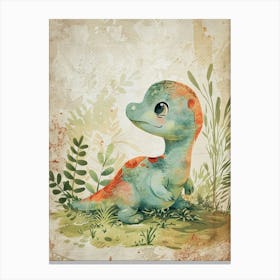 Cute Storybook Dinosaur In The Leaves Painting 2 Canvas Print
