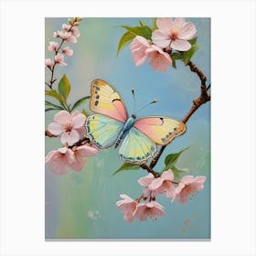 Pastel Coloured Butterfly On Cherry Blossoms Canvas Print