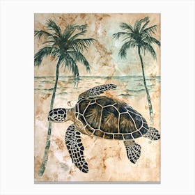 Sea Turtle & Palm Trees On The Beach 2 Canvas Print
