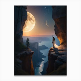 Warrior woman standing on a cliff, below the moon Canvas Print