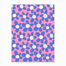 Playful Blooming Flowers Blue On Bright Pink Canvas Print