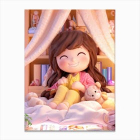 Chibi Girl With A Beaming Smile Snuggled In A Bed Adorned With Plush Toys Pastel Colored Quilt Cas Canvas Print