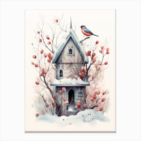 Bird House Winter Snow Illustration 2 Canvas Print