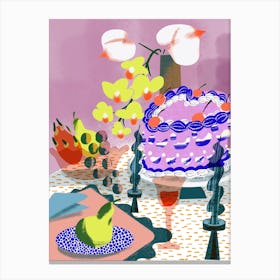 Heart Cake And Orchid Flowers Dining Table Food Still Life Canvas Print