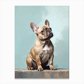 French Bulldog Dog, Painting In Light Teal And Brown 0 Canvas Print