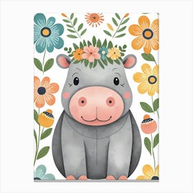 Floral Baby Hippo Nursery Illustration (44) Canvas Print