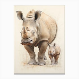 Rhino & Baby Rhino Sepia Illustration 2 Canvas Print