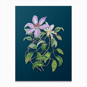 Vintage Violet Clematis Flower Botanical Art on Teal Blue n.0156 Canvas Print