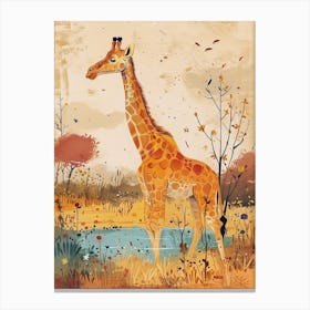 Giraffe By The Watering Hole Watercolour Illustration 4 Canvas Print