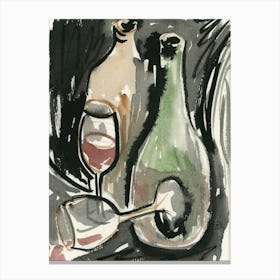 Bottles And Glasses - ink watercolor still life kitchen cafe bar drinks hand painted black green beige Canvas Print