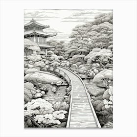 Ritsurin Garden In Kagawa, Ukiyo E Black And White Line Art Drawing 4 Canvas Print