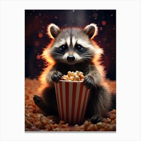 Cartoon Common Raccoon Eating Popcorn At The Cinema 4 Canvas Print
