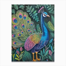 Folky Floral Peacock With Its Feathers Open 2 Canvas Print
