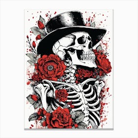 Floral Skeleton With Hat Ink Painting (82) Canvas Print