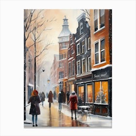 Amsterdam cafes, winter season, Christmas, autumn oil colors, pale colors, pedestrians in the street, winter clothes, falling snow.5 2 Canvas Print