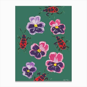 Red Bugs And Pansies Canvas Print