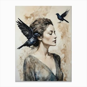 Woman Portrait With A Bird Painting (29) Canvas Print