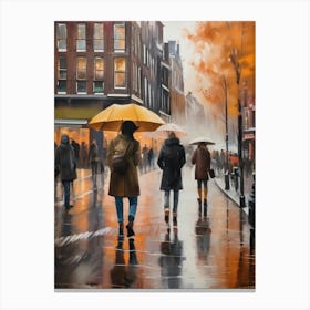 Amsterdam cafes, autumn season, rain, autumn oil colours.Faded colours,People passing on the street, winter clothes, rain umbrellas.10 2 Lienzo