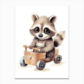 Baby Raccoon On A Toy Car, Watercolour Nursery 1 Canvas Print