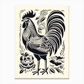 B&W Bird Linocut Rooster 3 Canvas Print