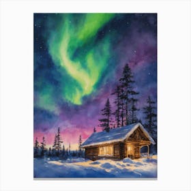 The Northern Lights - Aurora Borealis Rainbow Winter Snow Scene of Lapland Iceland Finland Norway Sweden Forest Lake Watercolor Beautiful Celestial Artwork for Home Gallery Wall Magical Etheral Dreamy Traditional Christmas Greeting Card Painting of Heavenly Fairylights Canvas Print