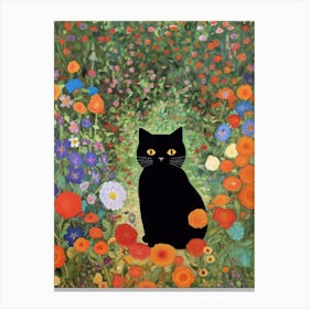 Flower Garden And A Black Cat, Inspired By Klimt 7 Canvas Print