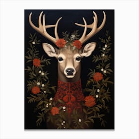 Deer Portrait With Rustic Flowers 3 Canvas Print