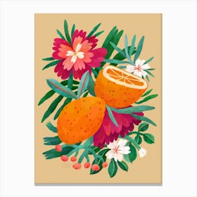 Colorful Oranges With Pink Flowers Canvas Print