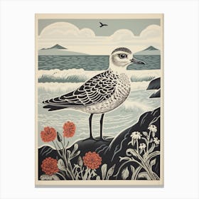 Vintage Bird Linocut Grey Plover 4 Canvas Print
