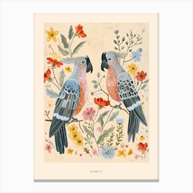 Folksy Floral Animal Drawing Parrot Poster Canvas Print