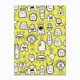 Happy Funky Monsters and Aliens Black and White on Yellow Kids Canvas Print