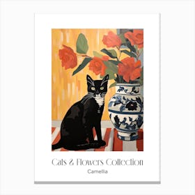 Cats & Flowers Collection Camellia Flower Vase And A Cat, A Painting In The Style Of Matisse 0 Canvas Print