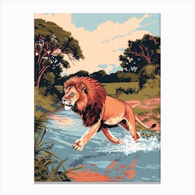 African Lion Crossing A River Illustration 3 Canvas Print