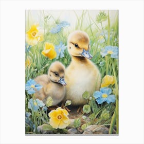 Floral Duckling Pencil Illustration 3 Canvas Print