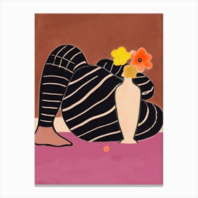 Woman Chilling On The Floor With Flowers Canvas Print