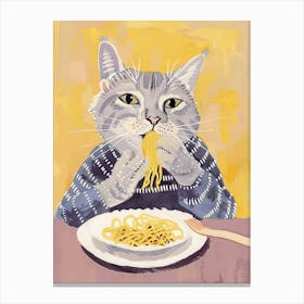 Grey Cat Eating Pasta Folk Illustration 1 Canvas Print