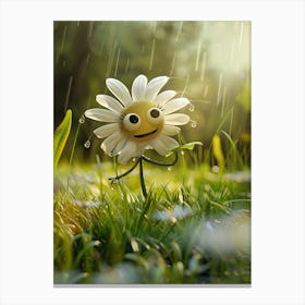 A Beautiful White Daisy, Cartoon, Big Oversized Eyes, Cheeky Grin, Adorable, Cute, Standing In The Long Grass, Holding Out Leaves To Catch The Odd Raindrops, High Resolution, 3d Leinwandbild