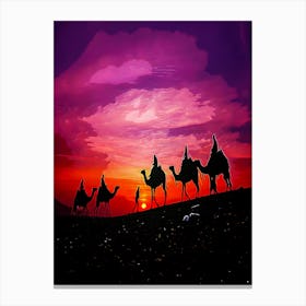 Desert Camel Train At Sunset Canvas Print