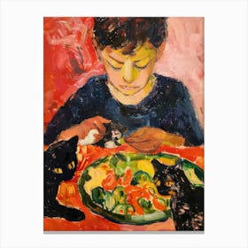 Portrait Of A Boy With Cats Eating A Salad 2 Canvas Print