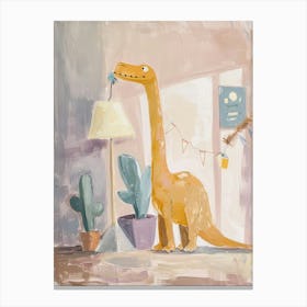 Dinosaur Cleaning The House With A Feather Duster Canvas Print