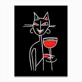 Cat And Cocktail Line Art Black And Red Canvas Print