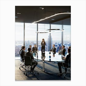 Confident Ceo Standing With Hands Intertwined At The Tables Edge Flanked By Attentive Team Members Canvas Print