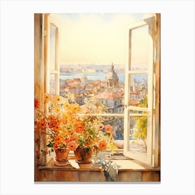 Window View Of Istanbul Turkey In Autumn Fall, Watercolour 2 Canvas Print