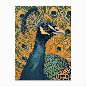 Blue Mustard Peacock Portrait With Feathers Canvas Print