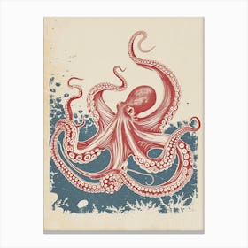 Octopus Red & Blue Silk Screen Inspired 5 Canvas Print