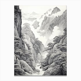Shosenkyo Gorge In Yamanashi, Ukiyo E Black And White Line Art Drawing 3 Canvas Print