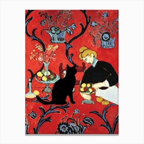 Henri Matisse Poster Print of Dessert - Harmony in Red 1908 in HD With Added Black Cat - Wonderful Printed Artwork Remastered Showing Original Texture High Resolution Vibrant Funny Cats Like Monet Canvas Print