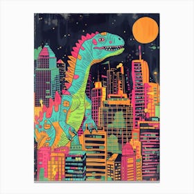 Dinosaur Teal Orange Pink Cityscape Canvas Print