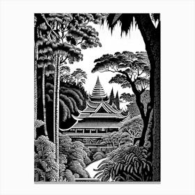 Suan Nong Nooch, Thailand Linocut Black And White Vintage Canvas Print