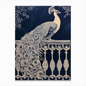 Peacock On Fancy Railing Linocut Inspired 2 Canvas Print